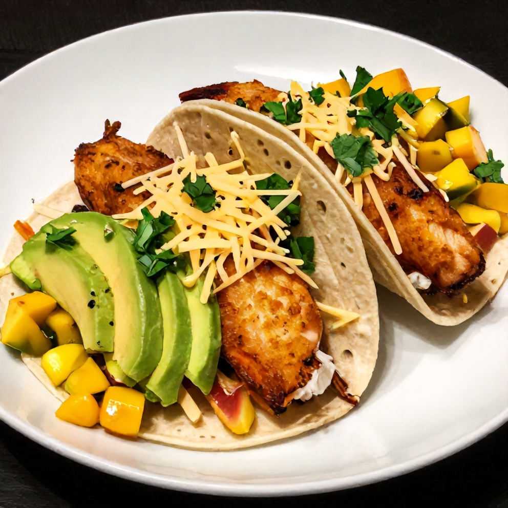 Plated crispy salmon tacos with mango corn salsa