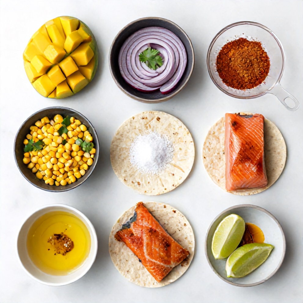 Raw ingredients for crispy salmon tacos with mango corn salsa