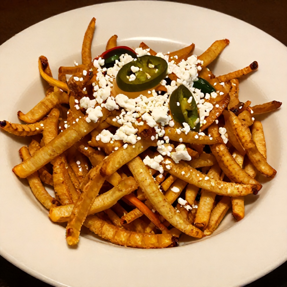 Plated shoestring corn salad with shimmering vinaigrette