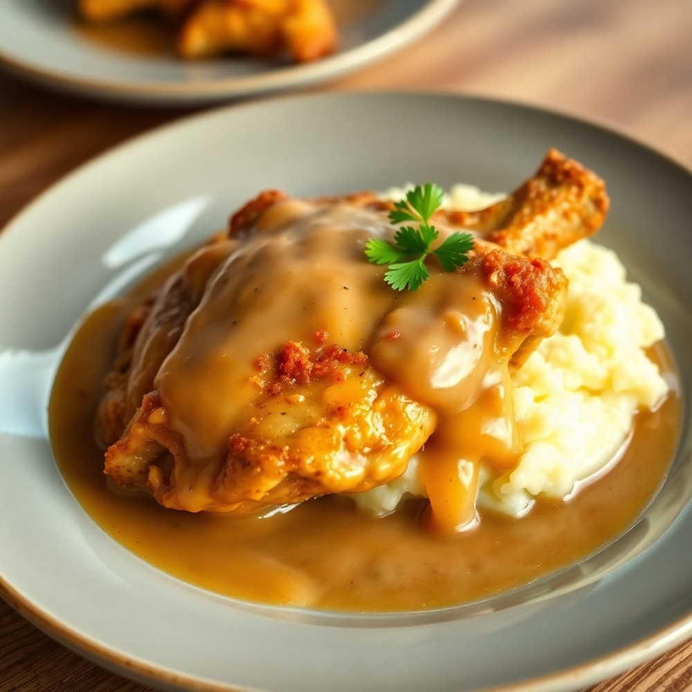 Plated smothered chicken with mashed potatoes