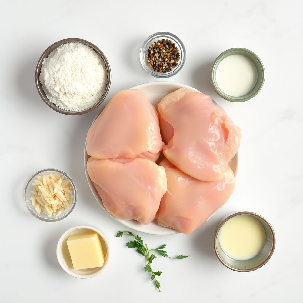Raw ingredients for smothered chicken: chicken thighs, flour, salt, pepper, garlic, onion, milk, butter