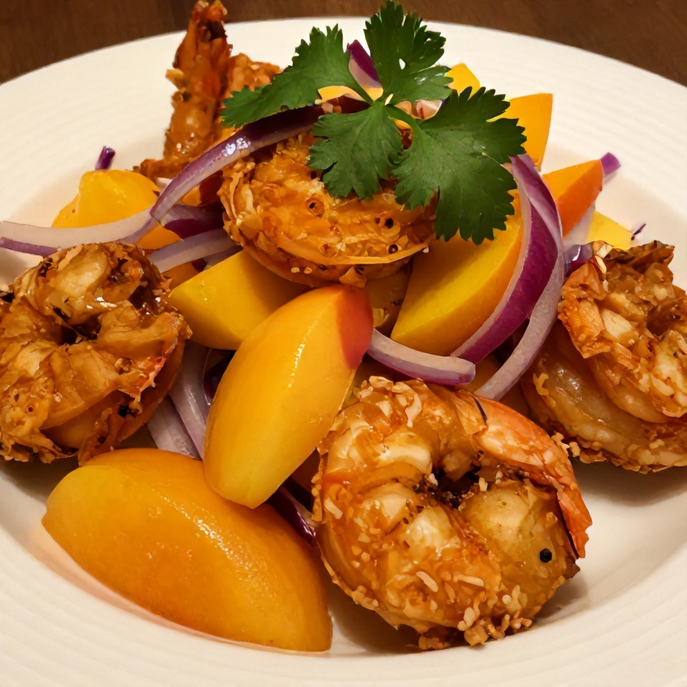 Plated Spicy Shrimp with Peach Salad