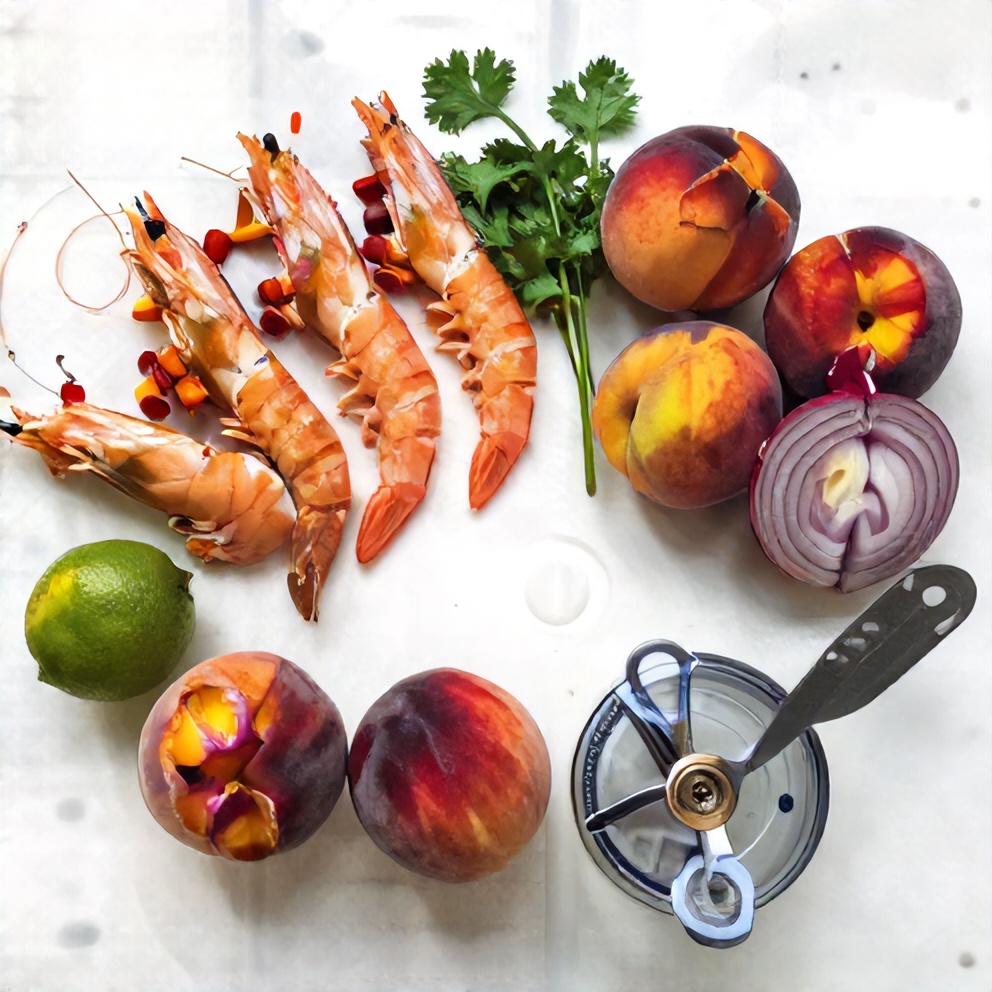 Raw Ingredients for Spicy Shrimp with Peach Salad