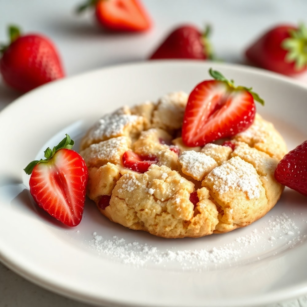 Plated strawberry crunch cookie on a white plate