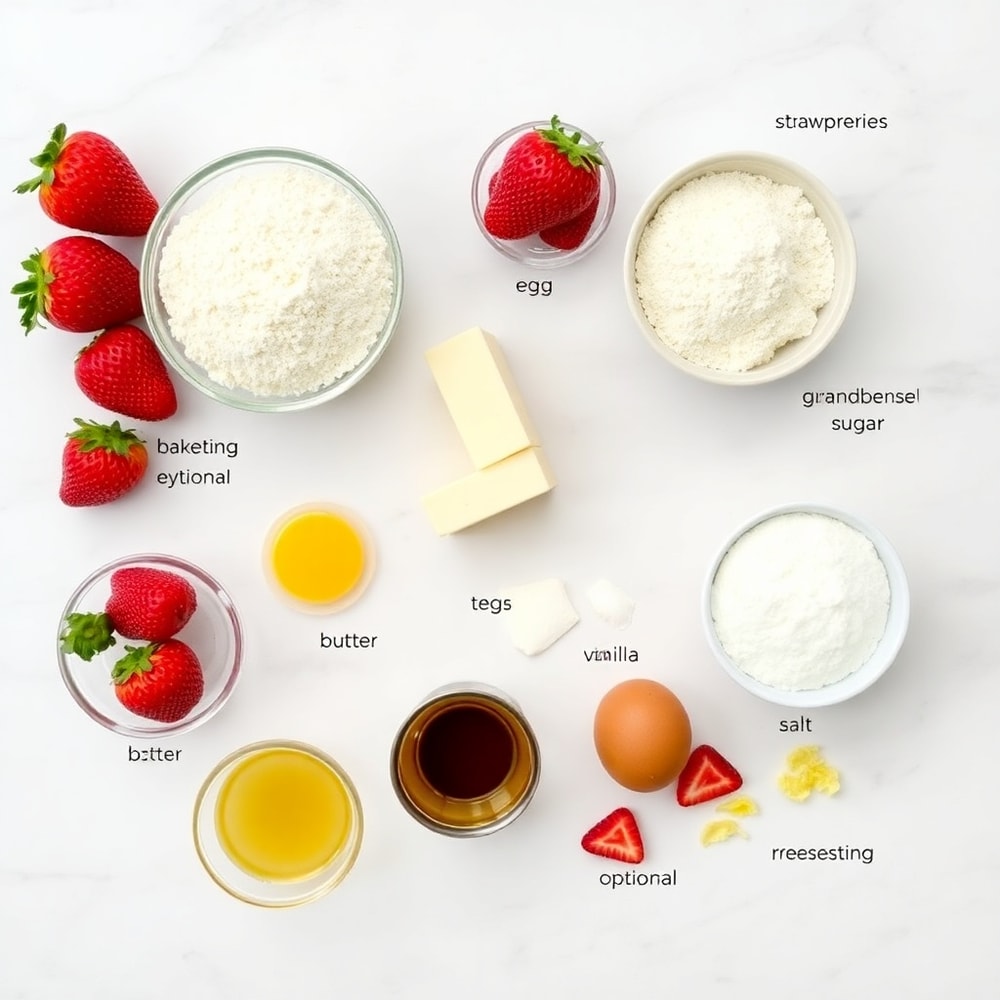 Raw ingredients for strawberry crunch cookies on a white marble surface