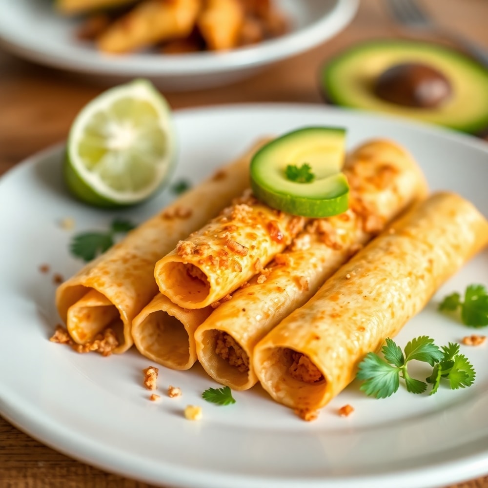 Vegan taquitos served on a plate with avocado and lime