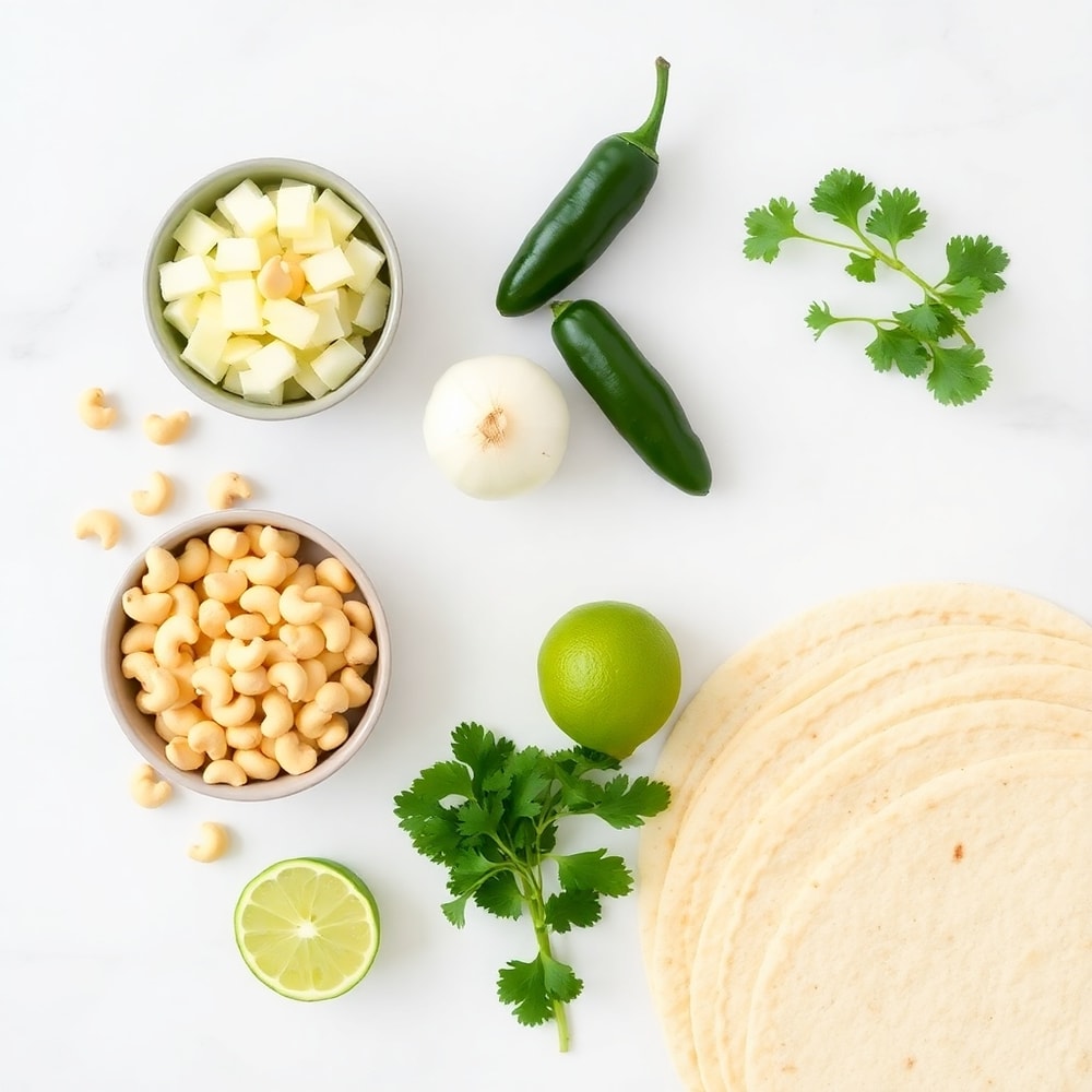 Raw ingredients for vegan taquitos arranged on a marble surface