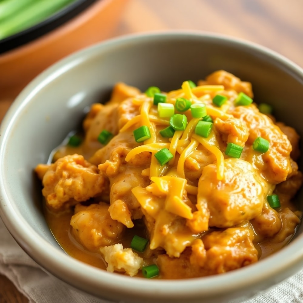 Crockpot Cajun Butter Chicken served in a bowl with melted cheese and green onions