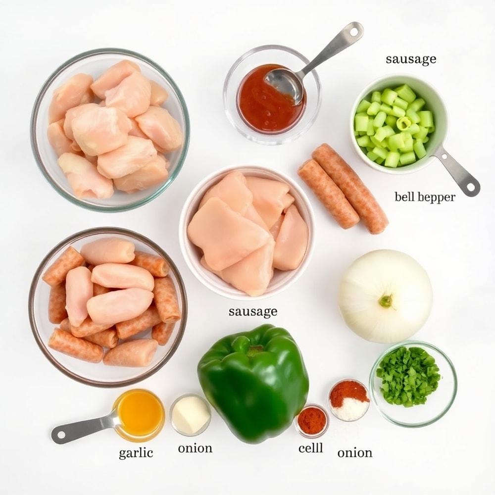 Raw ingredients for Crockpot Cajun Butter Chicken including chicken, sausage, bell peppers, and spices