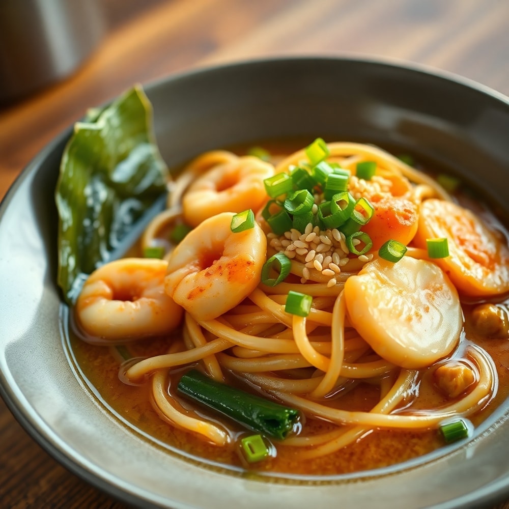 Crockpot Seafood Ramen served in a bowl with green onions and sesame seeds