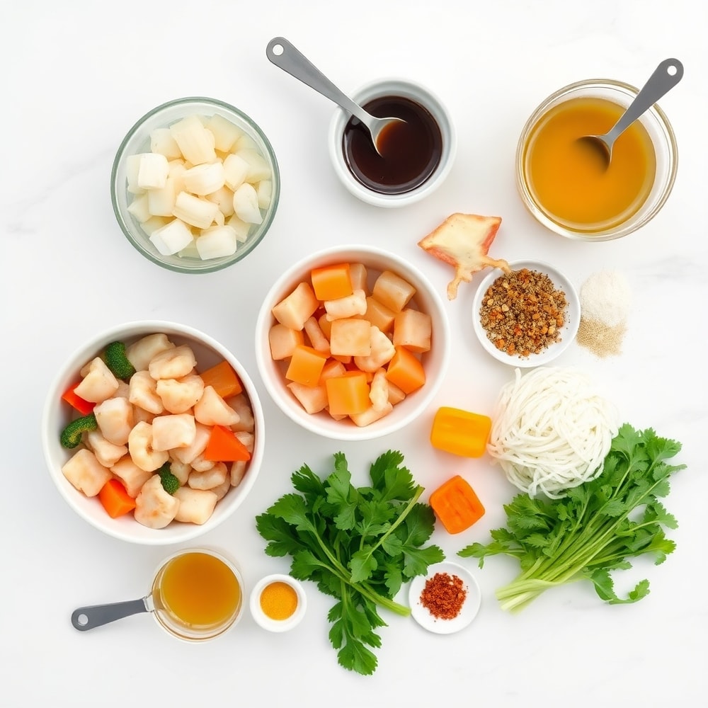Crockpot Seafood Ramen ingredients including seafood, vegetables, and broth
