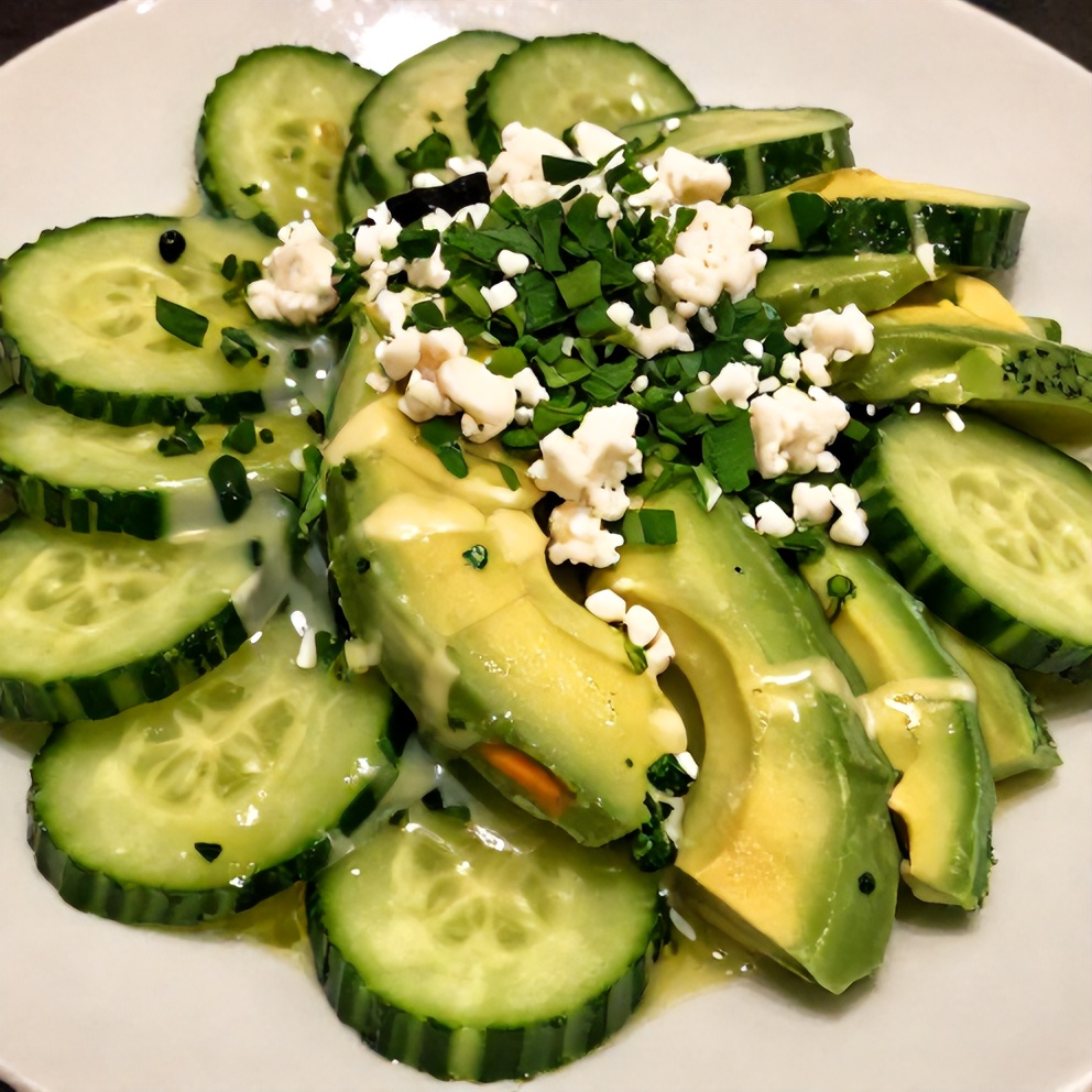 Plated cucumber avocado salad with creamy lime dressing