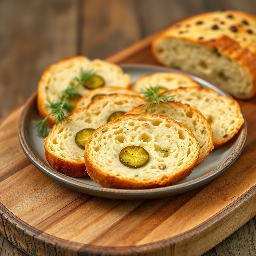 A slice of Dill Pickle Bread on a plate with a side of butter