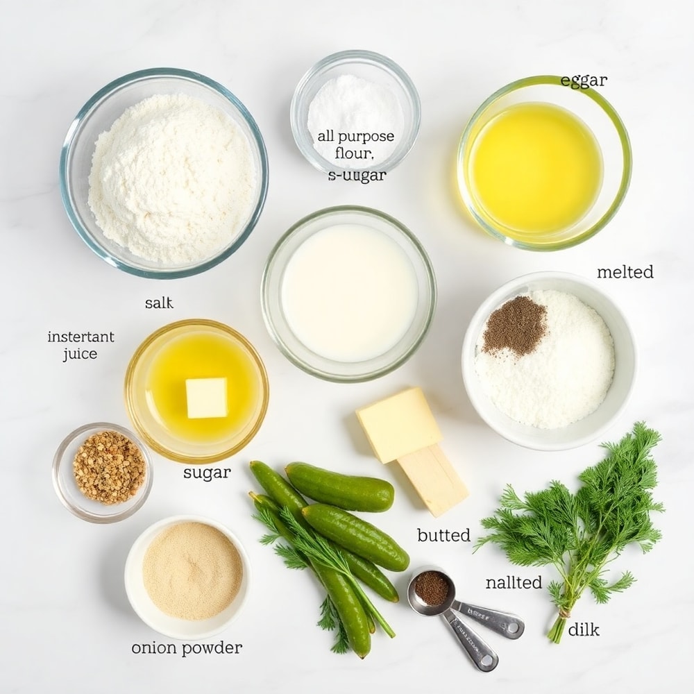 Dill pickle slices, flour, yeast, and other ingredients laid out on a white marble surface