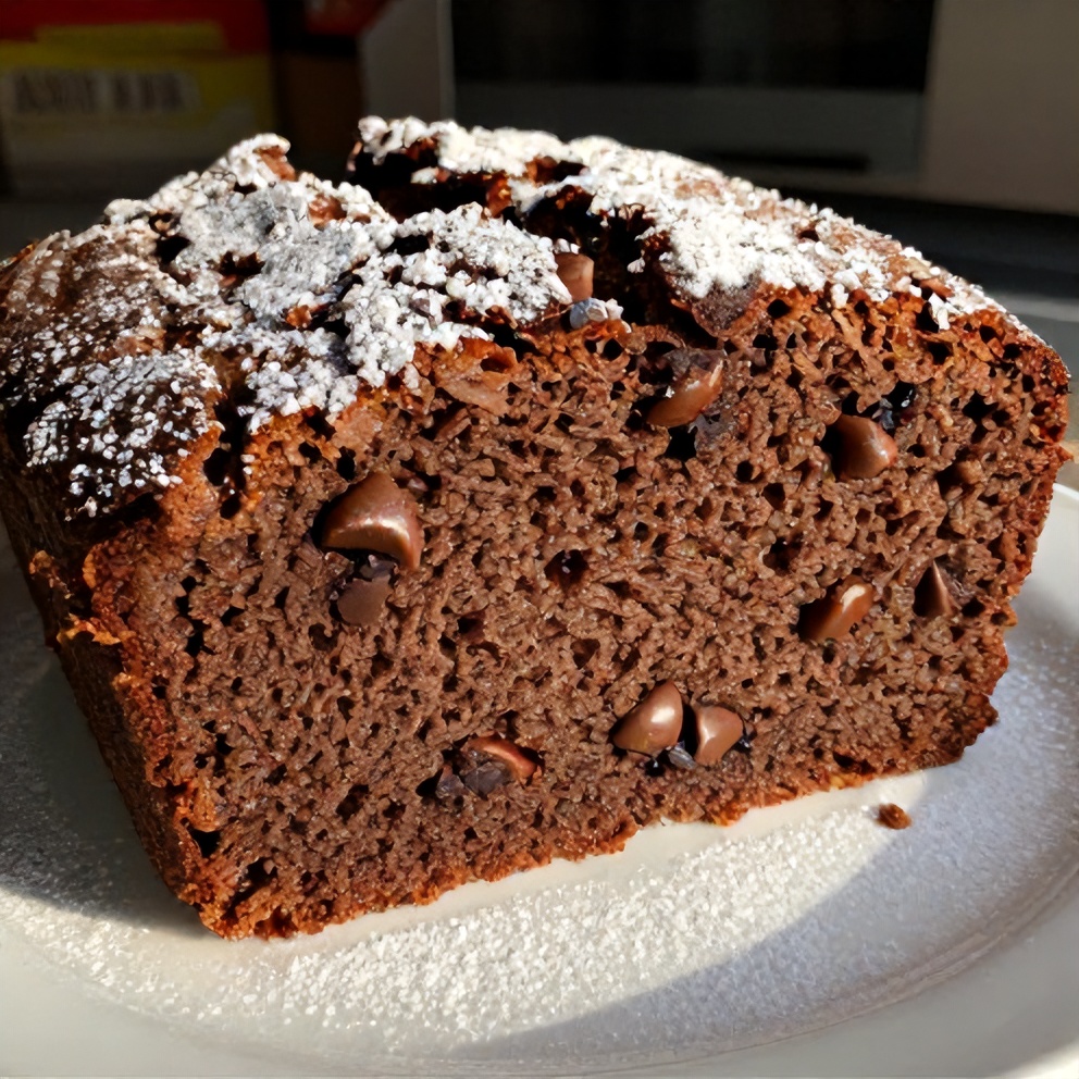 Slice of moist double chocolate zucchini bread on a plate