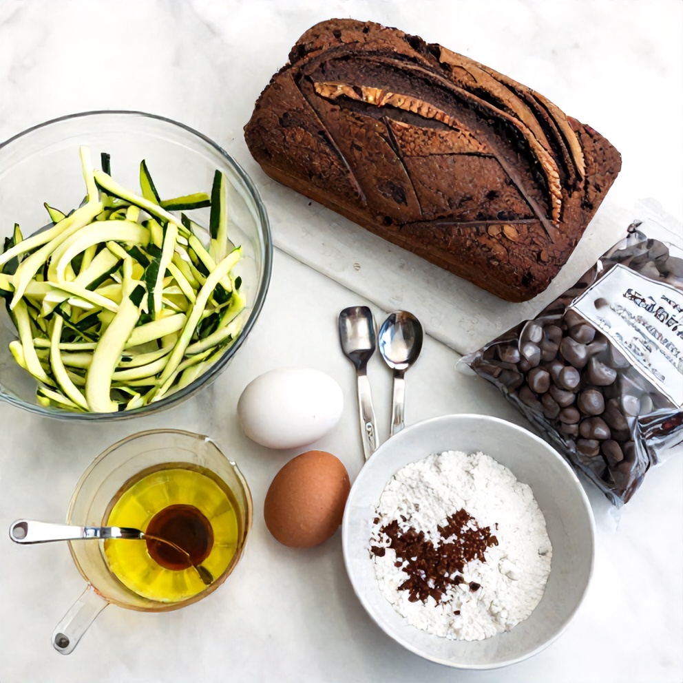 Raw ingredients for double chocolate zucchini bread on a marble surface
