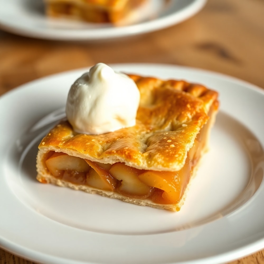 Perfectly plated apple pie bar on a white plate with a scoop of vanilla ice cream