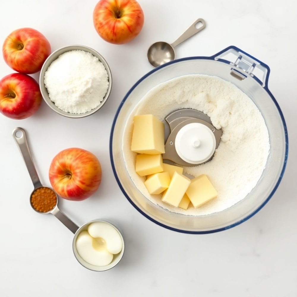 Raw ingredients for apple pie bars including apples, sugar, and flour on a marble surface