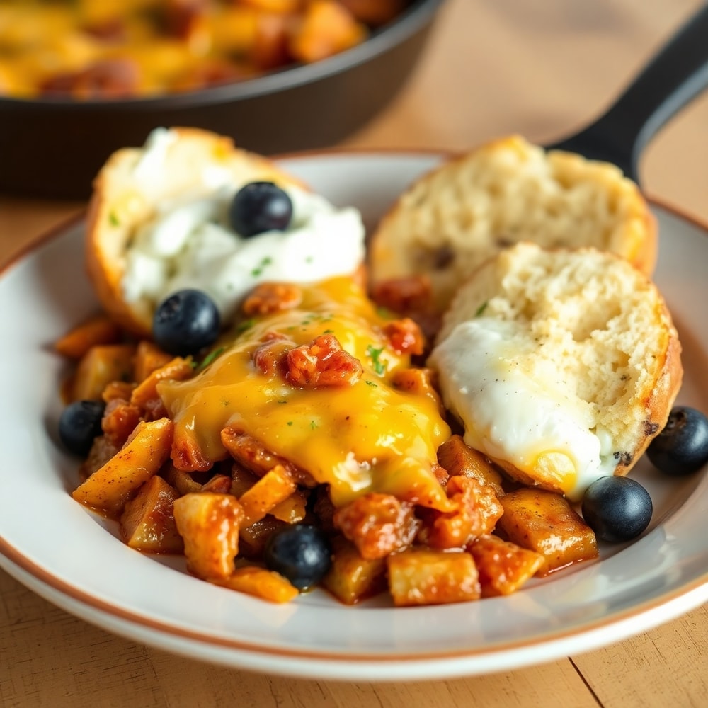 Plated serving of Sloppy Joe Potato Skillet with a side of Fluffy Cottage Cheese Blueberry Cloud Bread