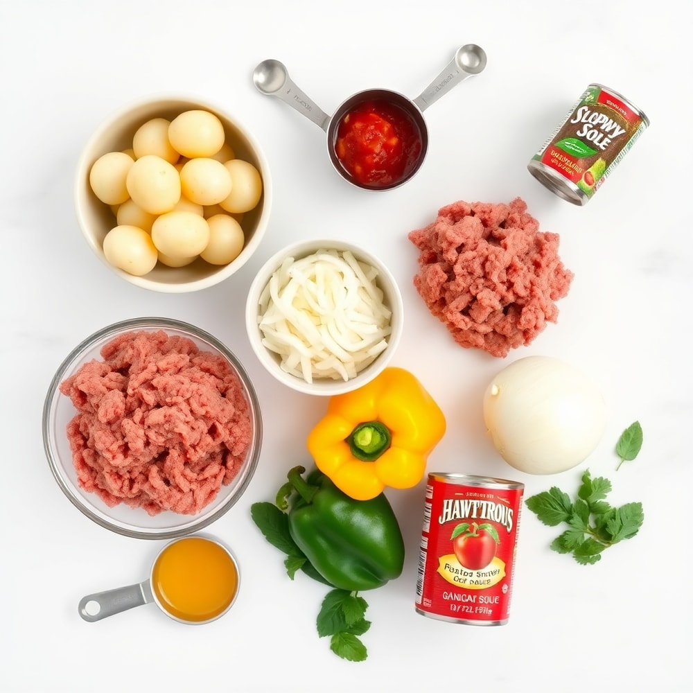 Raw ingredients for Sloppy Joe Potato Skillet including potatoes, ground beef, onion, bell pepper, and canned tomato sauce