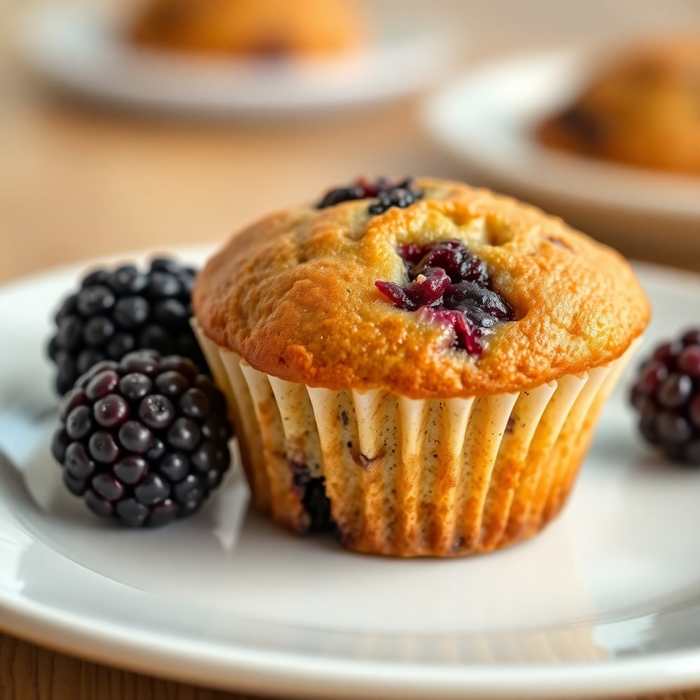 A close-up of a blackberry muffin with a crispy top and a fresh blackberry