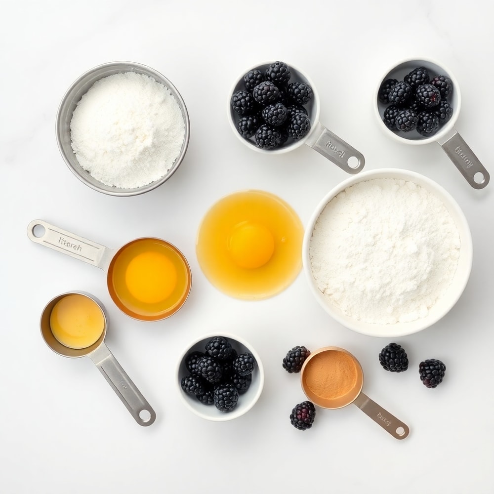 Ingredients for blackberry muffins including flour, sugar, eggs, and fresh blackberries