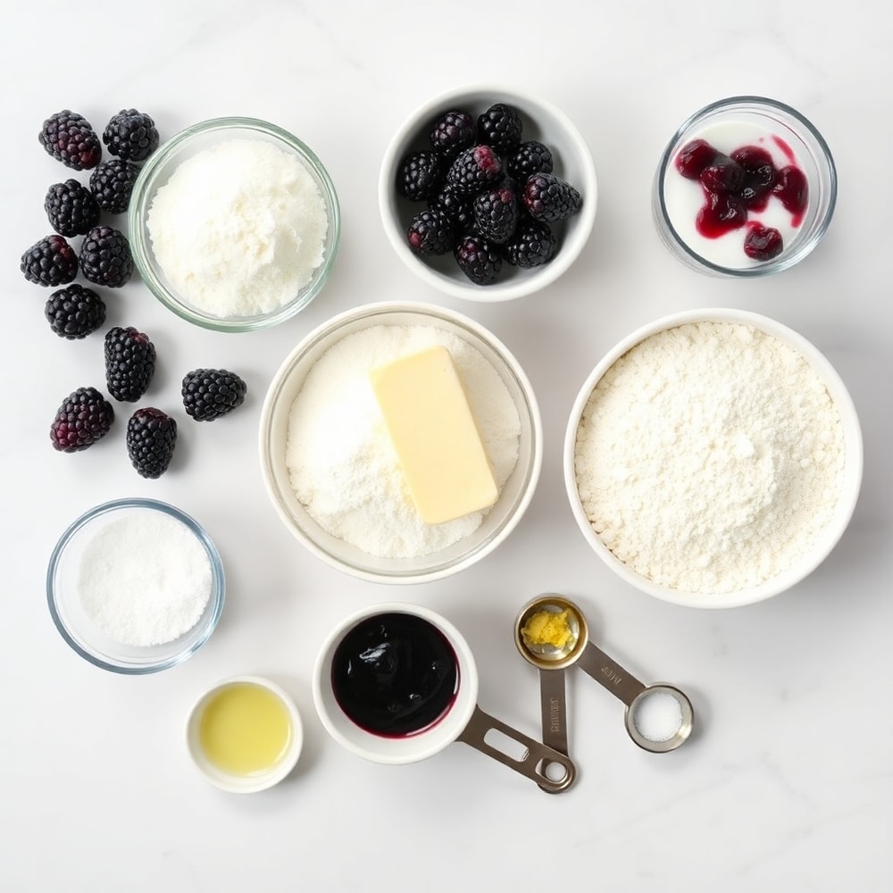 Blackberries, butter, sugar, flour, lemon zest, salt, and blackberry jam arranged on a wooden surface