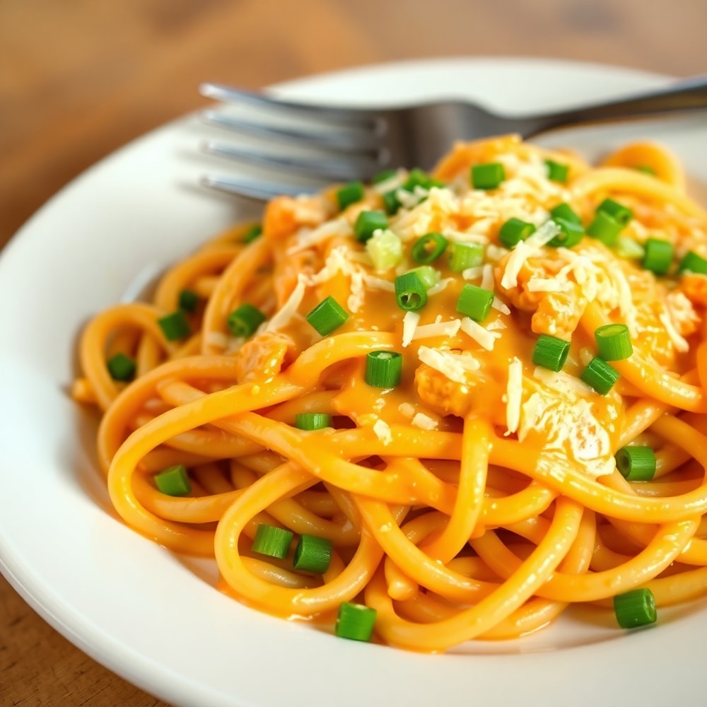 Plated serving of creamy buffalo chicken pasta with green onions