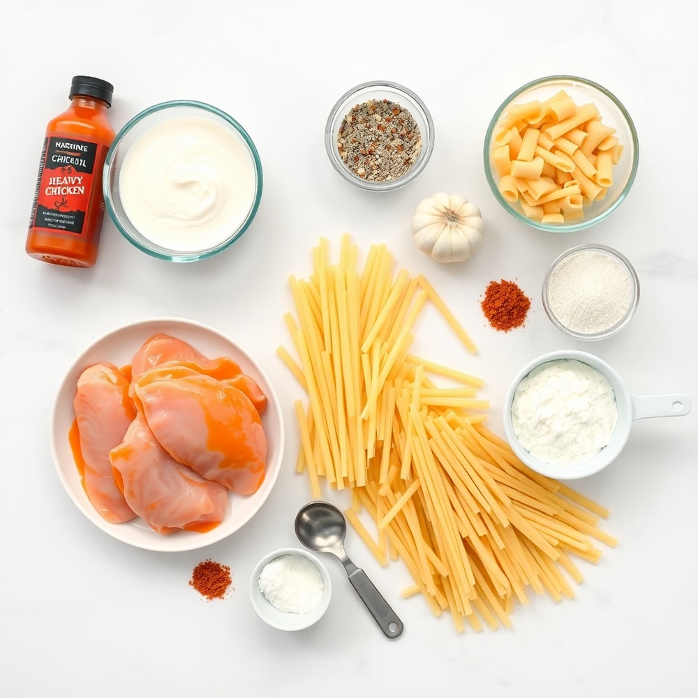 Raw ingredients for buffalo chicken pasta laid out on a wooden surface