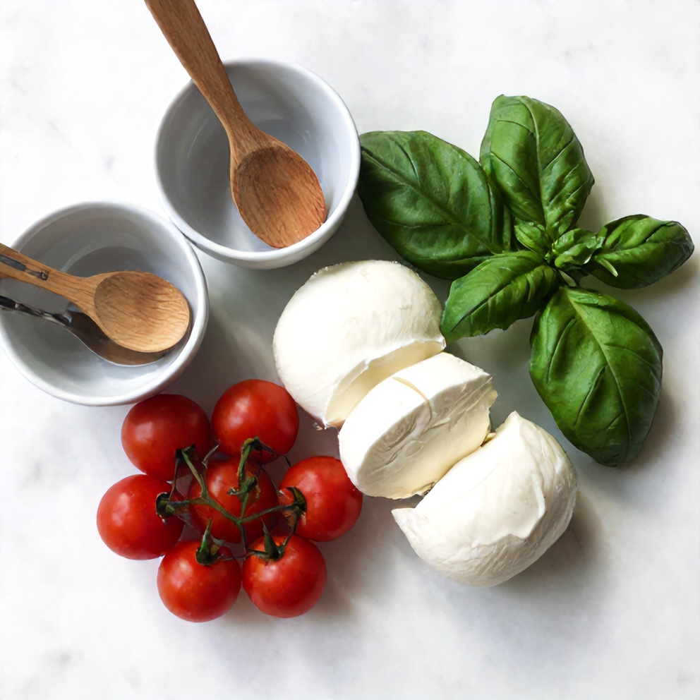 Caprese Pasta Salad ingredients laid out on a wooden surface