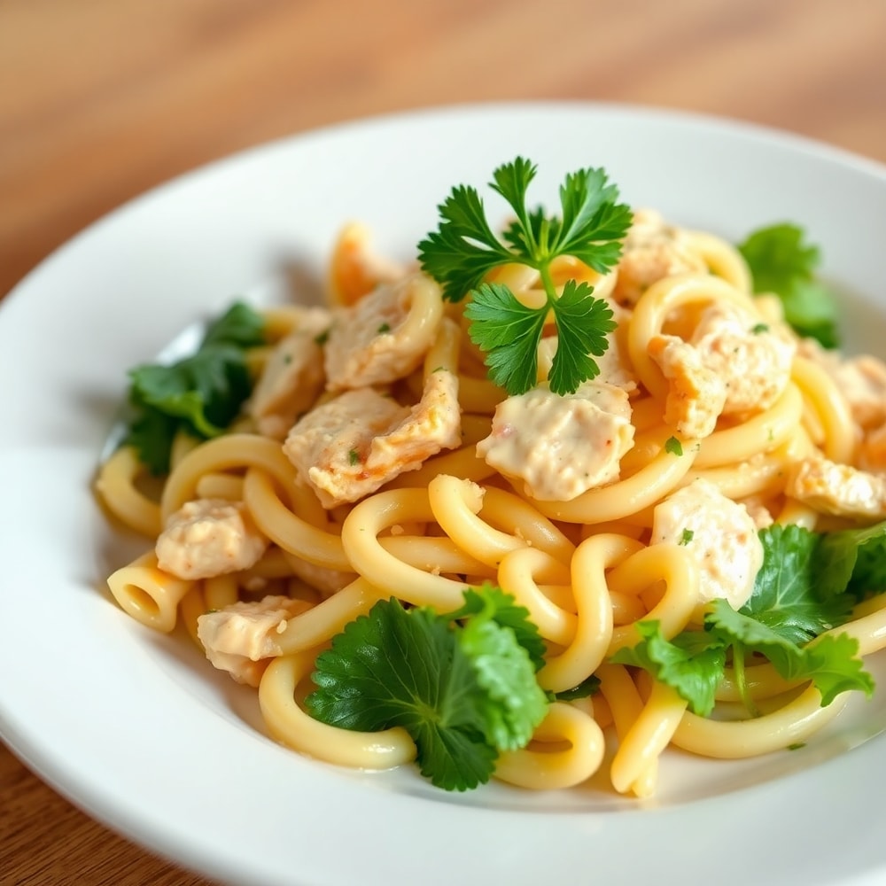 Easy Chicken Caesar Pasta Salad plated with fresh parsley