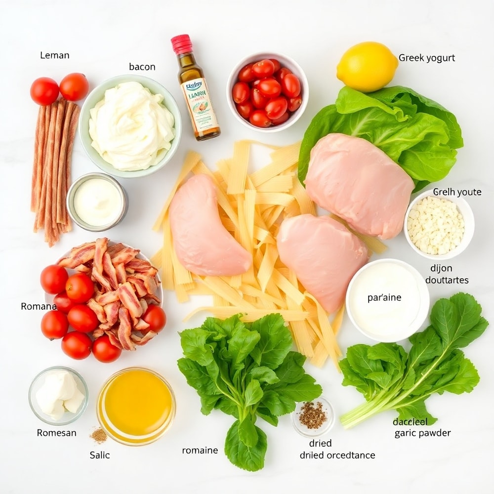 Raw ingredients for Easy Chicken Caesar Pasta Salad