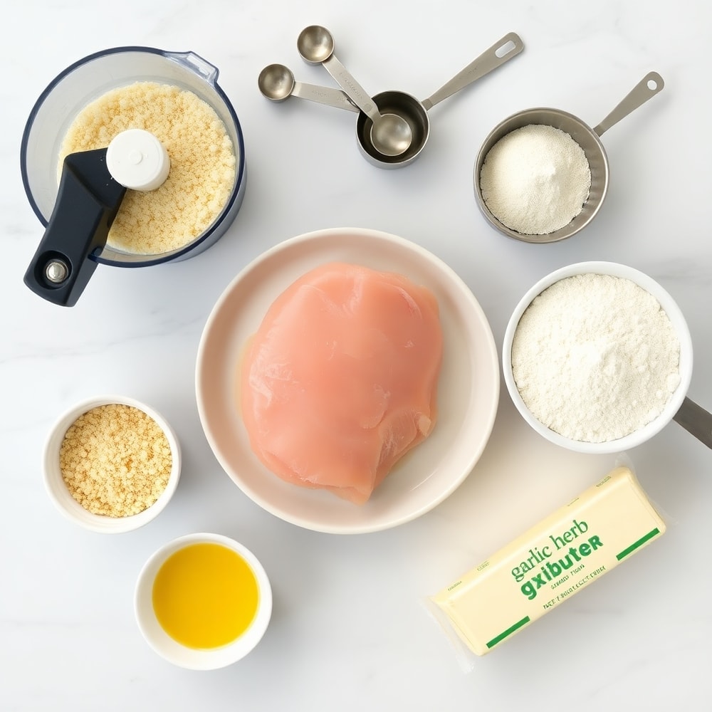 Raw ingredients for Easy Chicken Kiev on a marble surface