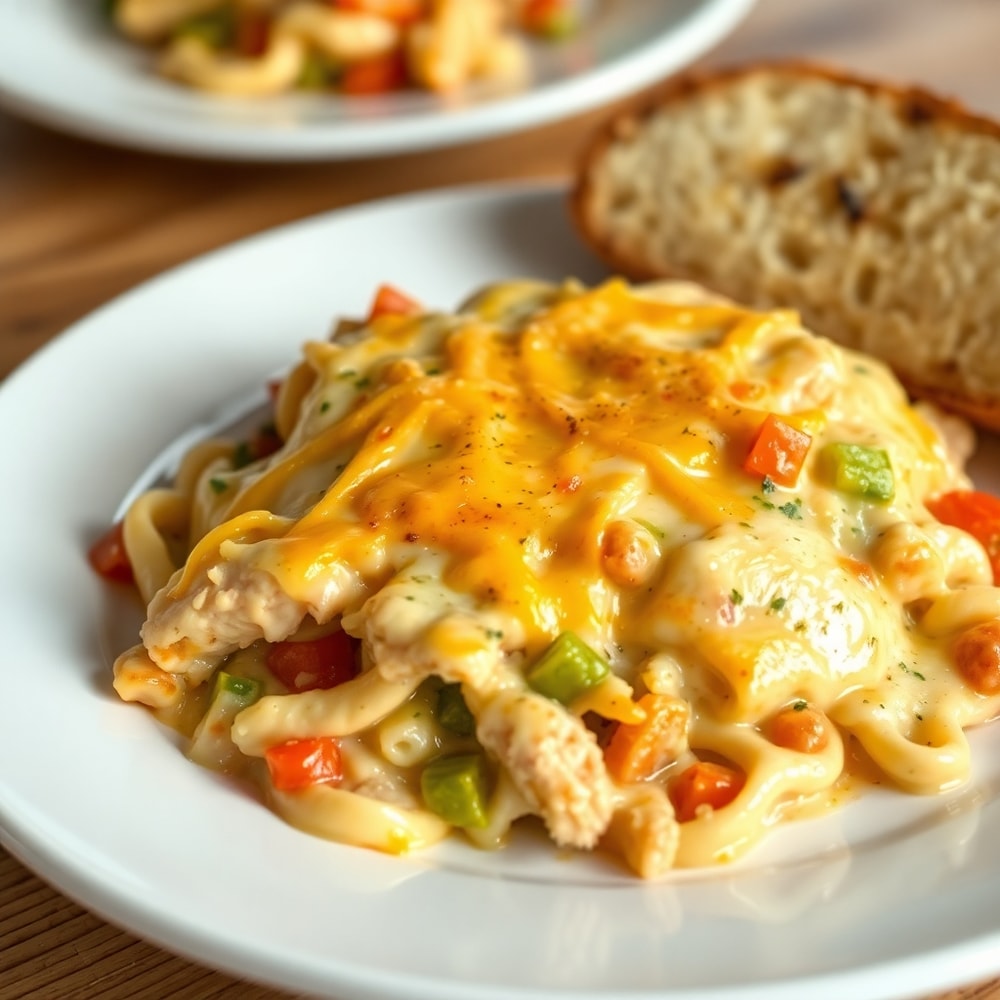 Plated serving of Chicken Tetrazzini with a side of garlic bread