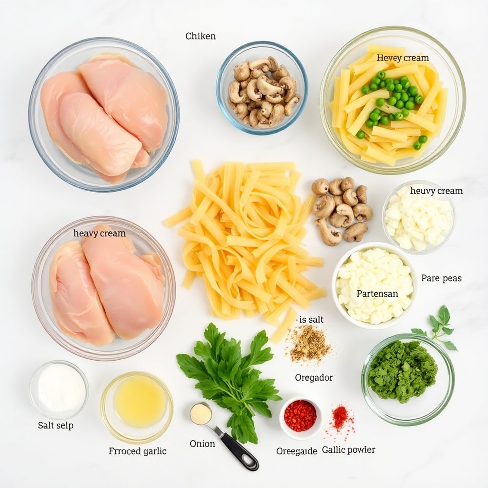 Raw ingredients for Chicken Tetrazzini laid out on a marble surface