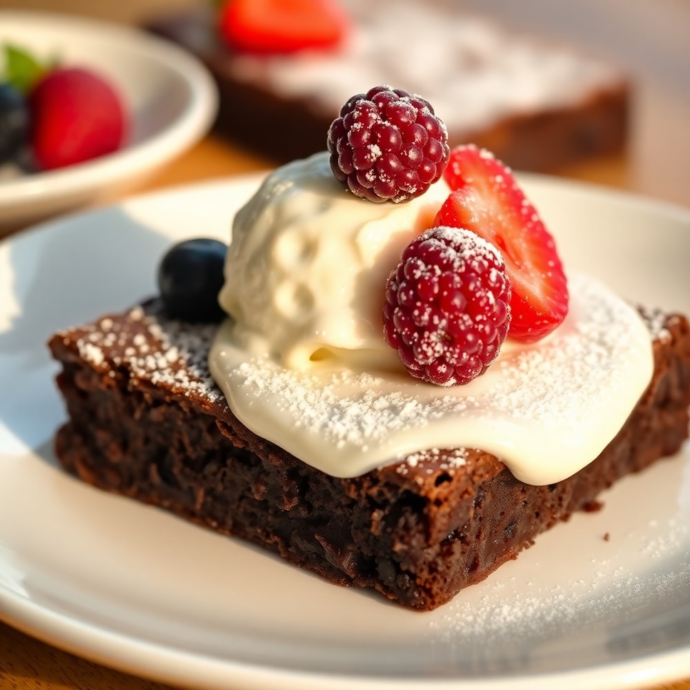 Chocolate Mousse Brownies plated with a scoop of vanilla ice cream