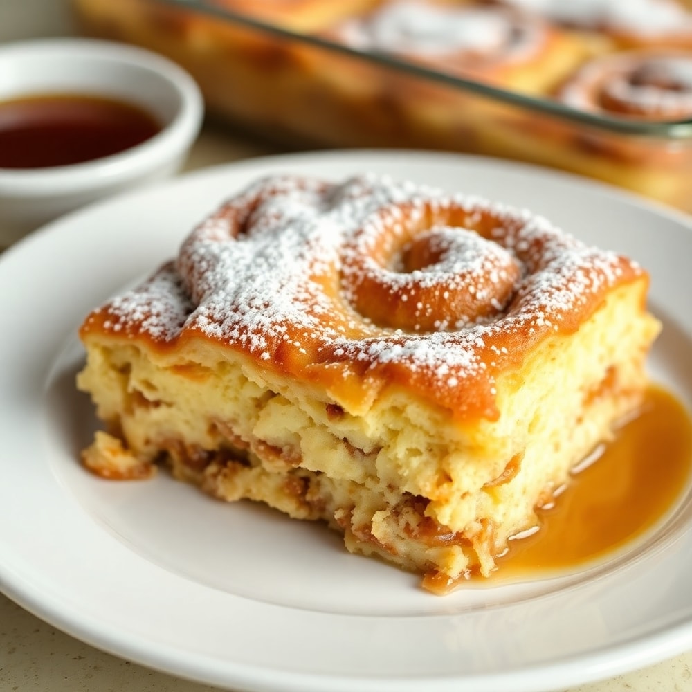 One perfect serving of Easy Cinnamon Roll Casserole on a white plate, topped with powdered sugar and a side of syrup.
