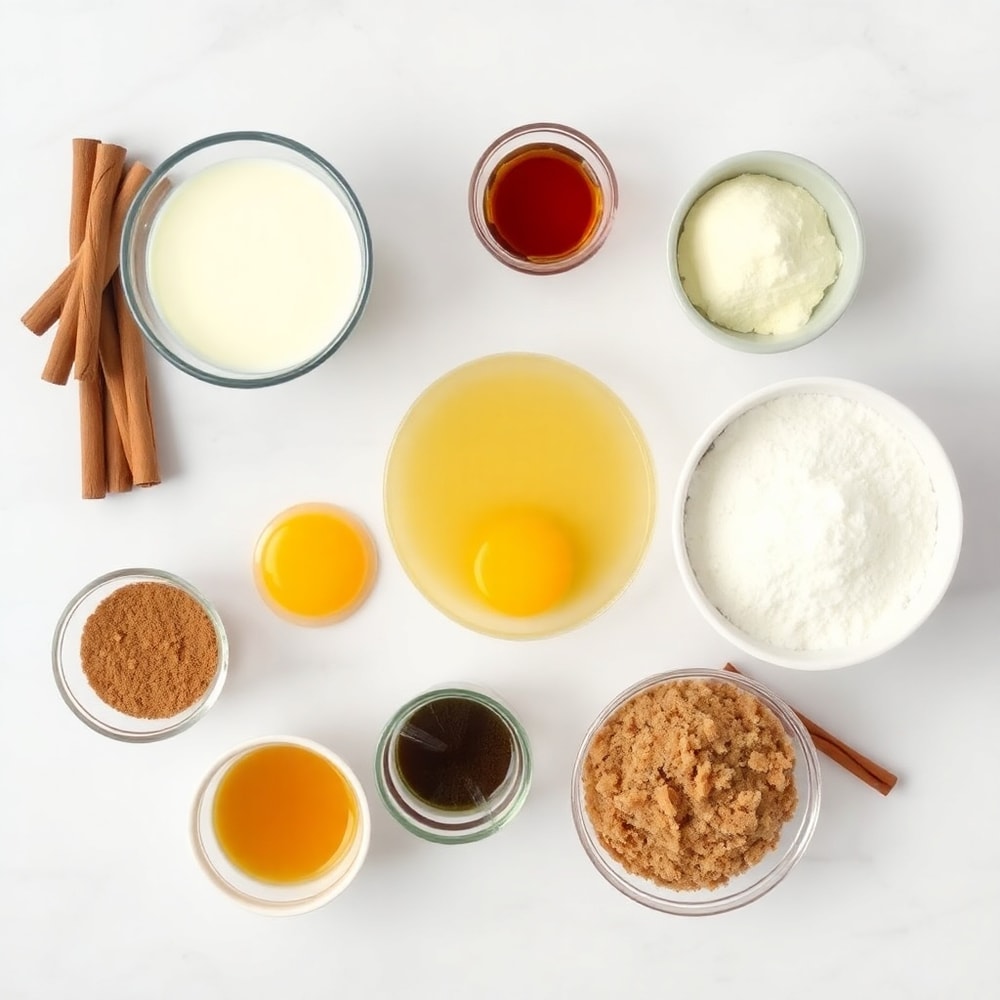 Raw ingredients for Easy Cinnamon Roll Casserole arranged in an overhead flat lay, including cinnamon rolls, eggs, milk, and sugar.