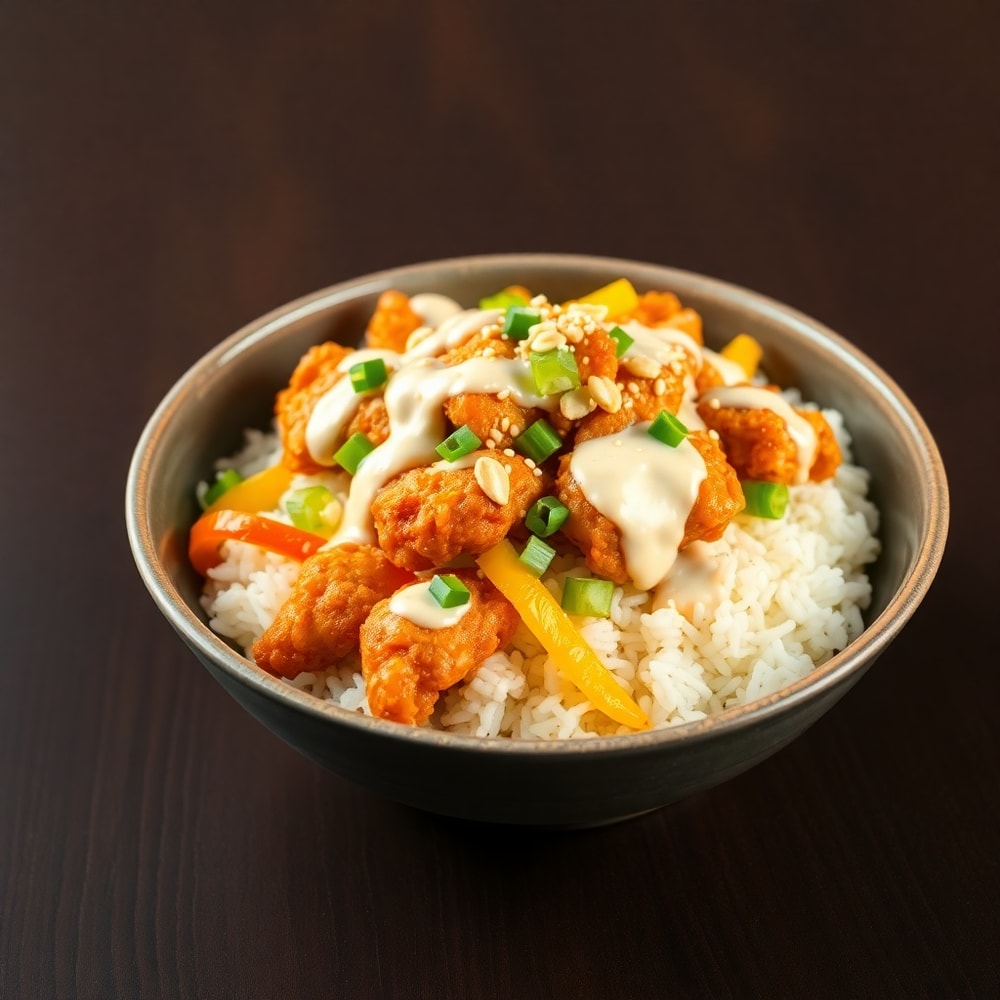 Plated Coconut Chicken Rice Bowl with crispy chicken and colorful garnish