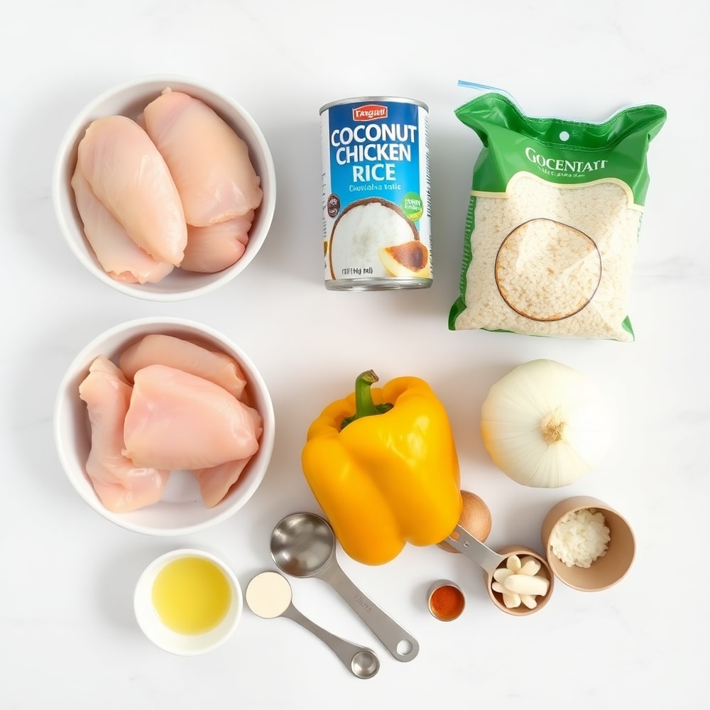 Raw ingredients for Coconut Chicken Rice Bowl laid out on a wooden surface