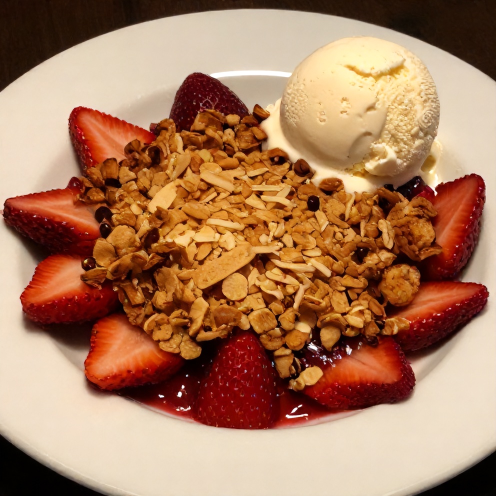 Easy Crispy Strawberry Crisp with a scoop of vanilla ice cream