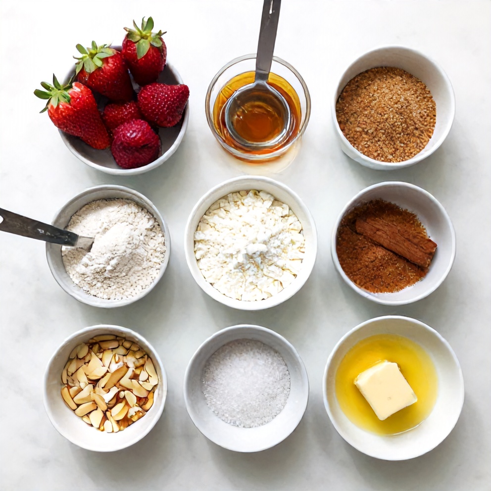 Raw ingredients for Easy Crispy Strawberry Crisp on a marble surface