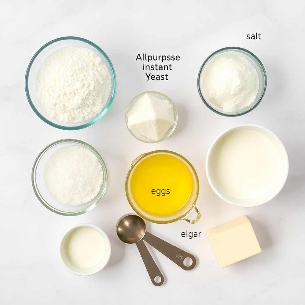 Ingredients for crockpot bread: flour, yeast, sugar, salt, milk, eggs, butter