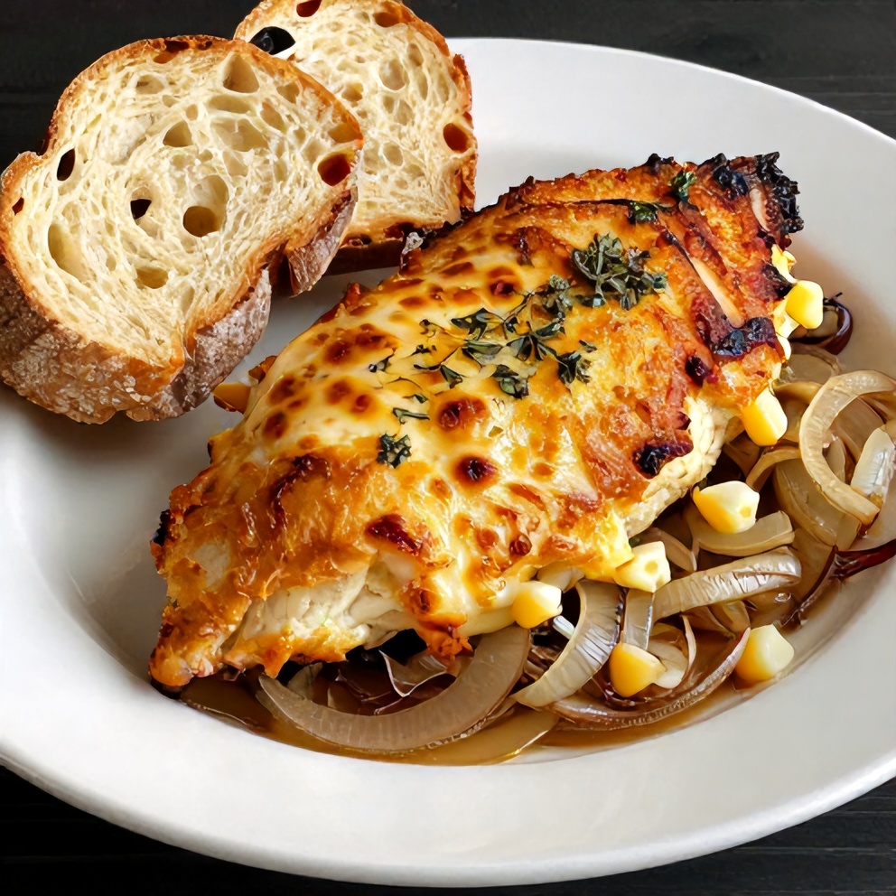 Plated French Onion Chicken Bake with fresh thyme and crispy chicken skin