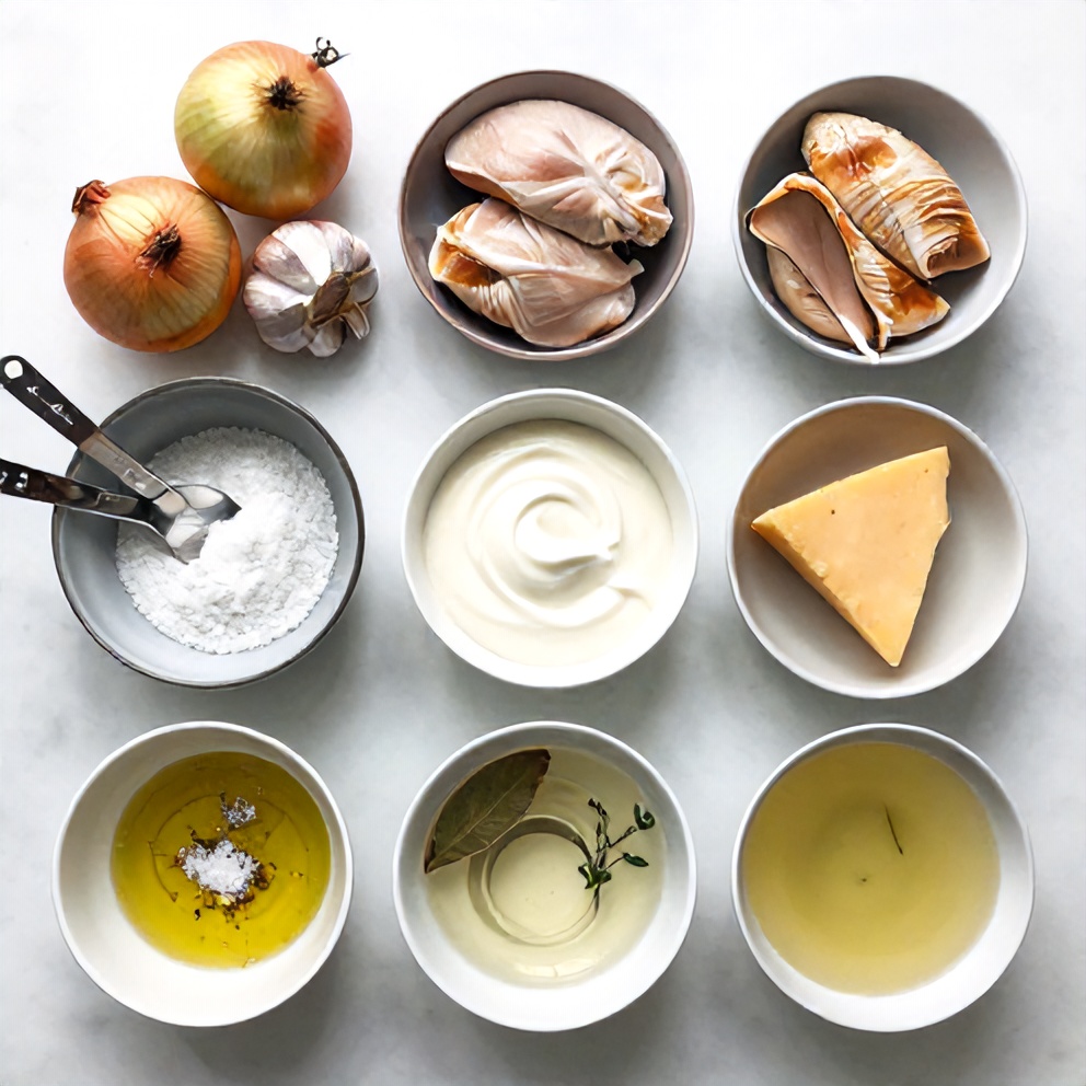 Raw ingredients for French Onion Chicken Bake: chicken breasts, onions, garlic, heavy cream, gruyere cheese, etc.