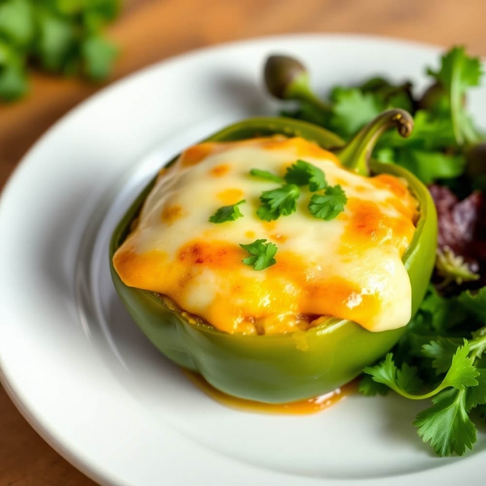 Easy High-Protein Stuffed Bell Peppers on a plate with a side of mixed greens