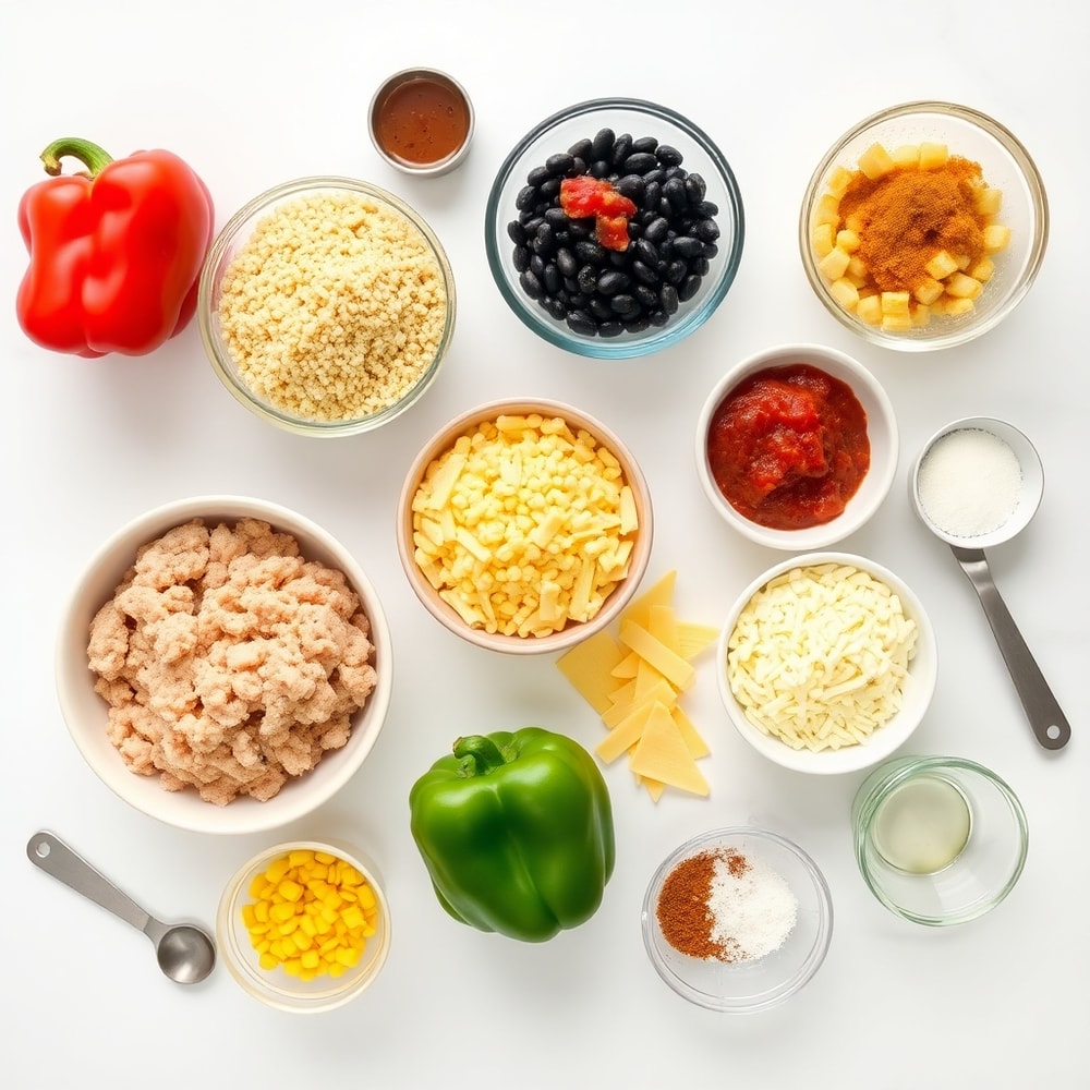 Raw ingredients for Easy High-Protein Stuffed Bell Peppers on a white marble surface