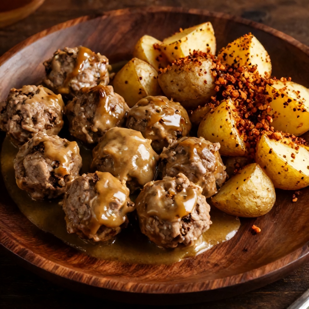 Plated serving of turkey meatballs with a side of crispy zaatar smashed potatoes