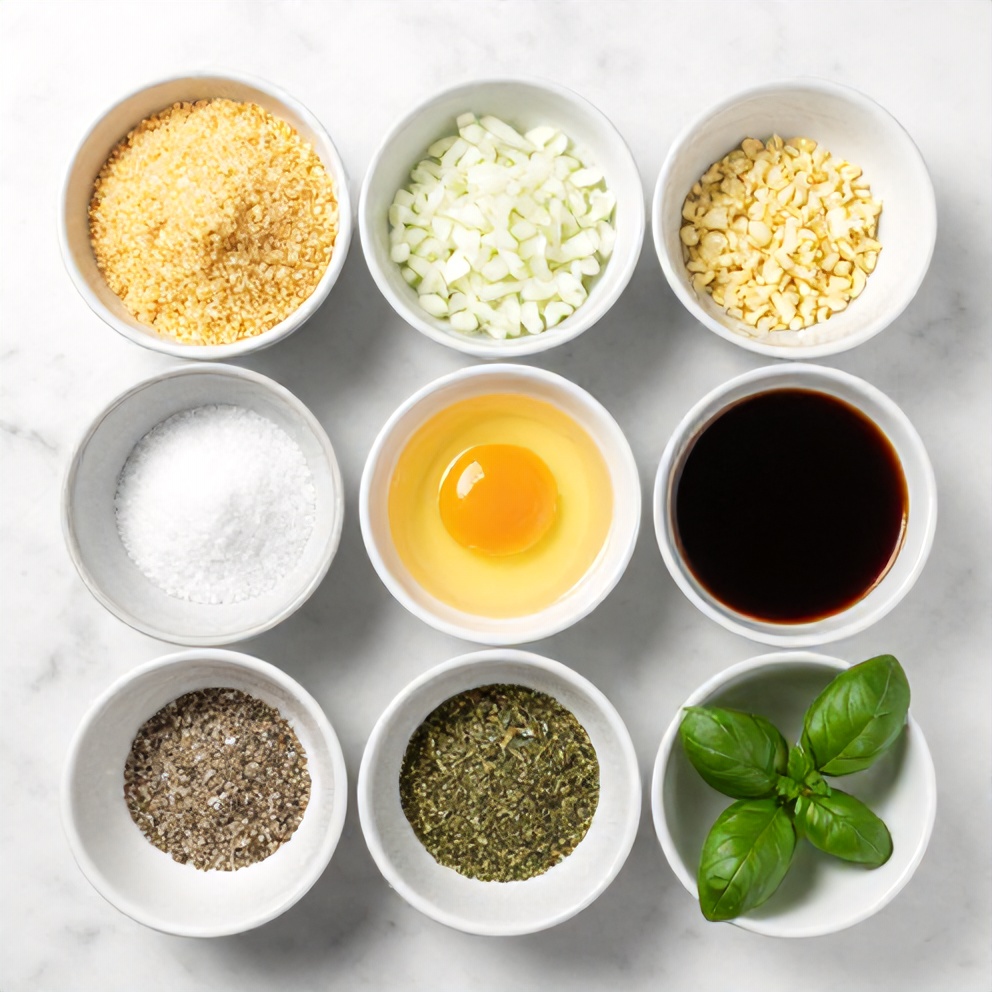Raw ground turkey, breadcrumbs, eggs, and seasonings arranged in prep bowls