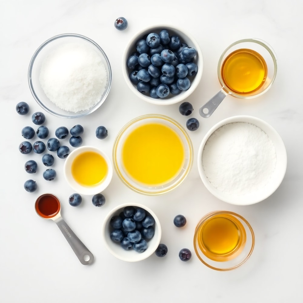 Blueberries, butter, sugar, lemon juice, and vanilla extract on a wooden surface